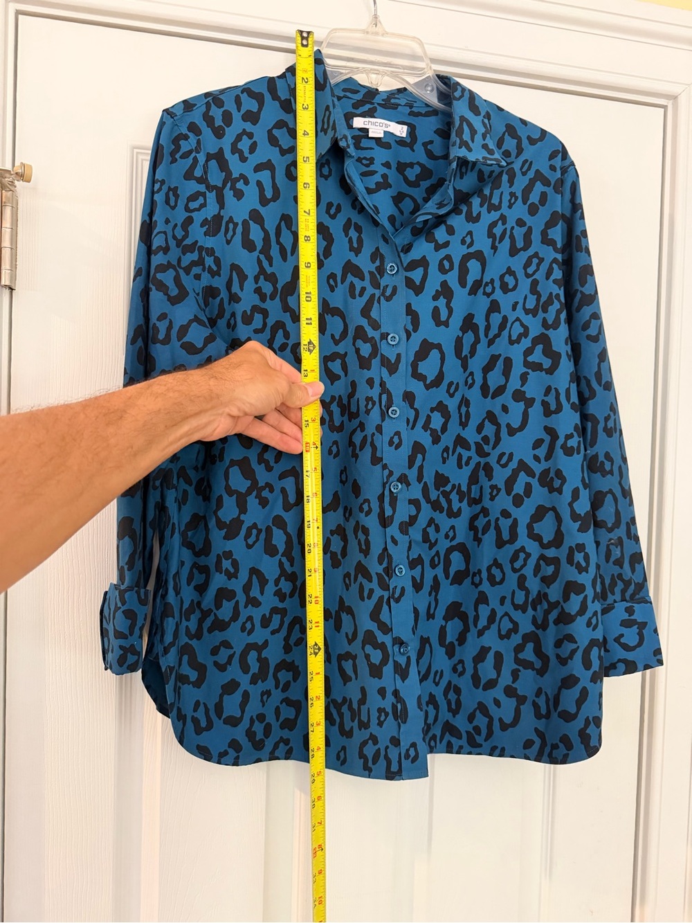 Ladies Size 2 "Chico's" Teal & Black Leopard Print Top Button Down Long Sleeves - Picture 6 of 7